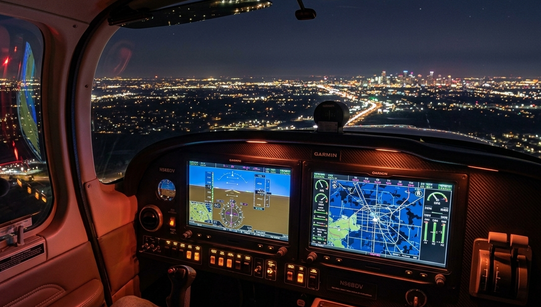 Aircraft cockpit illuminated at night — VFR night