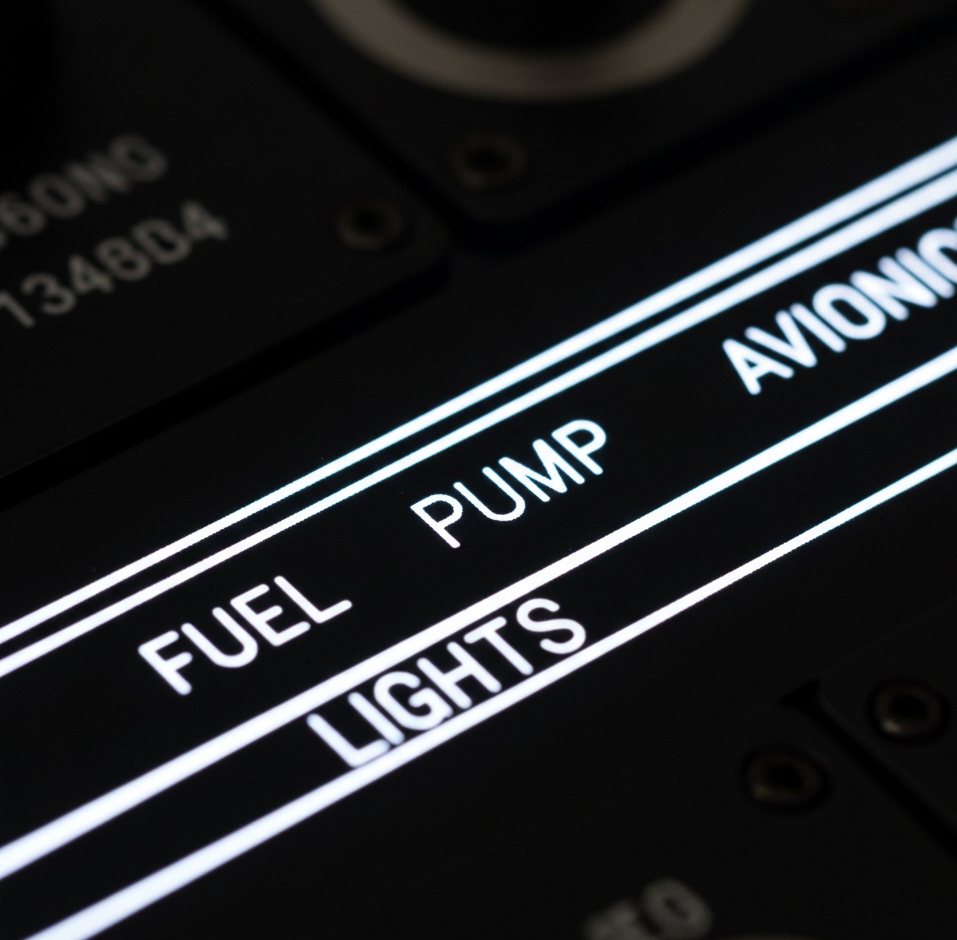 Laser engraved aircraft panel labels with crisp lettering