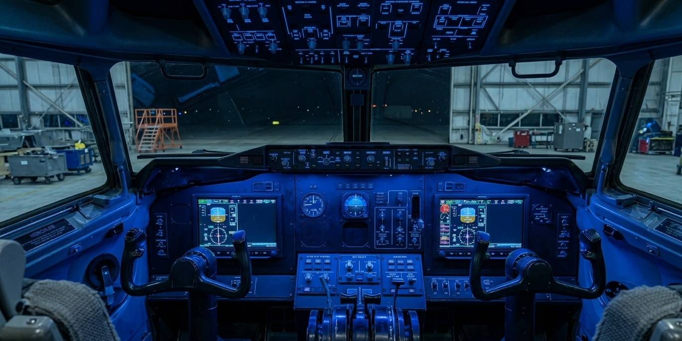 Blue LED illuminated aircraft panel with glowing switch labels