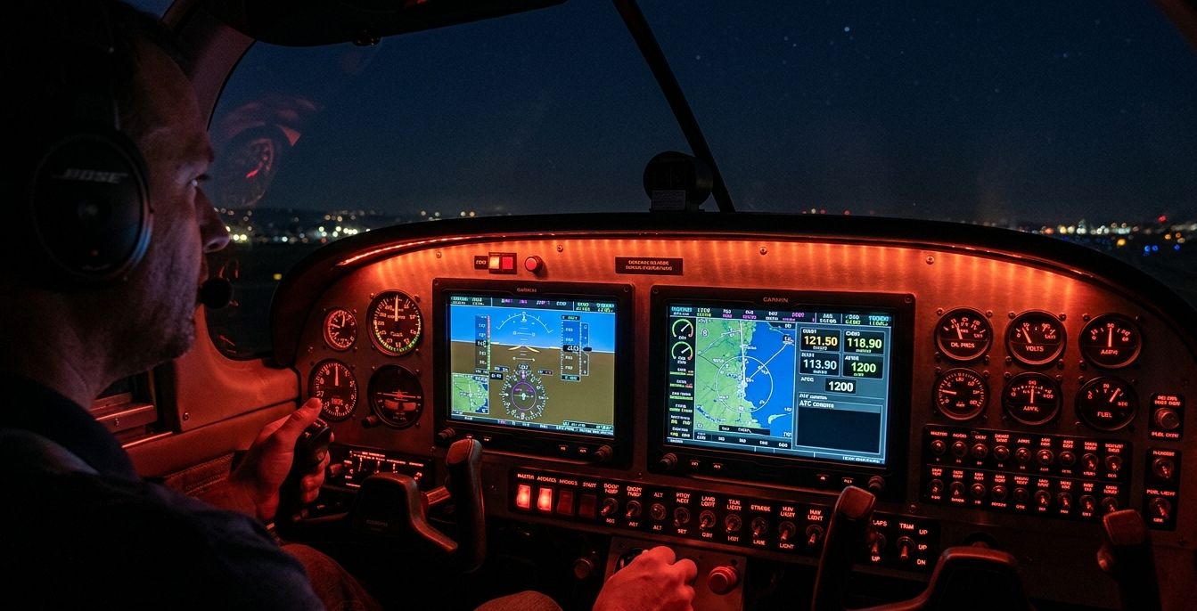 Red LED illuminated aircraft instrument panel at night
