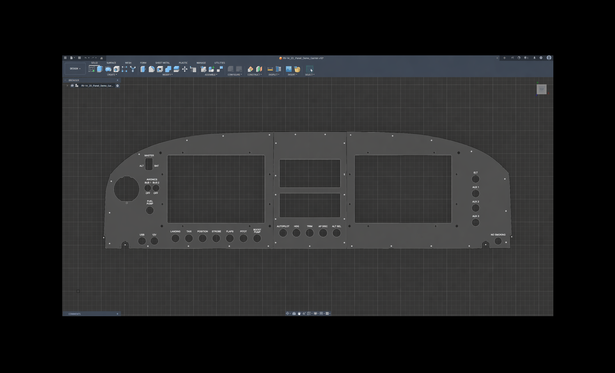 Autodesk Fusion CAD avionics panel design render